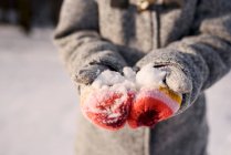 Primo piano delle mani di una ragazza che tiene la neve — Foto stock