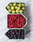 Top view of Punnets of blackberries, gooseberries and redcurrants — Stock Photo