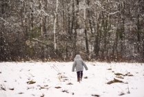 Девушка ходит по снежному пейзажу — стоковое фото