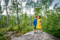Ragazzo e ragazza in piedi su una roccia nella foresta — Foto stock