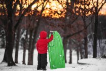 Ragazzo in piedi nella neve con in mano una slitta — Foto stock