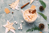 Chocolate quente com marshmallows e paus de canela em um fundo de madeira. conceito de natal. — Fotografia de Stock