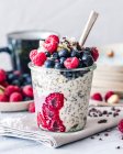 Oatmeal and chia seed breakfast jar topped with fruits — Stock Photo