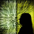 Silhouette of a girl standing in front of a digital screen — Stock Photo