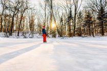 Boy wearing a santa hat ice-skating on a frozen lake — Foto stock