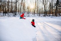 Два хлопчики грають на снігу біля замерзлого озера — стокове фото