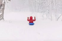 Хлопчик катається на санях у важкому снігу — стокове фото