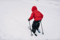 Visão traseira de um menino esquiando no inverno — Fotografia de Stock