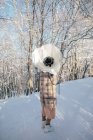 Женщина, стоящая в снегу с гигантским искусственным цветком анемона — стоковое фото