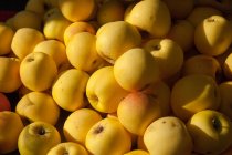 Close-up de pilha de maçãs amarelas em um mercado — Fotografia de Stock