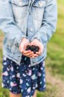 Chica de pie en un jardín sosteniendo moras recién recogidas - foto de stock