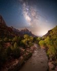 Milky way above Virgin River And Watchman Mountain,  Canyon Junction, Zion National Park, Utah, United States — Stock Photo