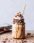Chocolate oatmeal and banana milkshake smoothie — Stock Photo
