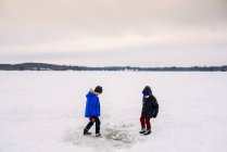 Двоє хлопчиків грають на замерзлому озері — стокове фото