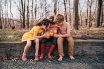 Троє дітей сидять на стіні, насолоджуючись літніми напоями — стокове фото