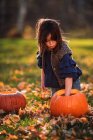 Girl carving a Halloween pumpkin in the garden, United States — Stock Photo