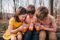 Tres niños sentados en una pared disfrutando de bebidas de verano - foto de stock