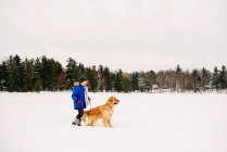 Хлопчик вигулює собаку в снігу — стокове фото