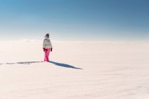 Chica de pie en un paisaje rural nevado - foto de stock