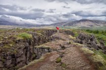 Mujer de pie en un borde del acantilado mirando el valle de la grieta, Parque Nacional Thingvellir, Islandia - foto de stock