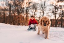 Chico jugando en la nieve con su perro golden retriever - foto de stock