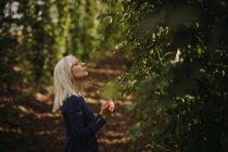 Femme vérifiant des plants de houblon dans un champ, Serbie — Photo de stock