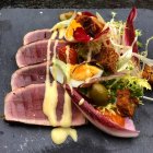 Tuna nicoise salad, closeup view — Stock Photo