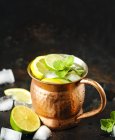 Closeup view of copper mug with lemonade and mint — Stock Photo