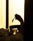 Silhouette d'une main de femme tenant une fourchette — Photo de stock
