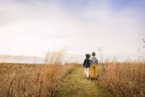 Портрет мальчика и девочки, стоящих в поле, США — стоковое фото