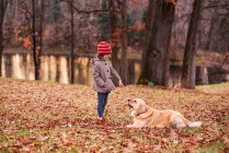 Fille debout dans les bois jouant avec son chien, États-Unis — Photo de stock