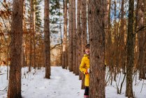 Усміхнена дівчинка, що ховається за деревом у лісі (США). — стокове фото