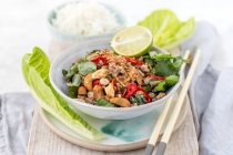 Thai pork larb with rice, closeup view — Stock Photo