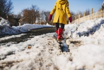 Menina de pé em uma poça de neve derretida, Estados Unidos — Fotografia de Stock
