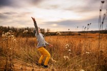 Boy standing in a field reaching for the sky, United States — Stock Photo