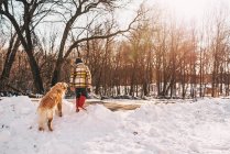 Мальчик, гуляющий по снегу со своей собакой, США — стоковое фото