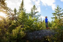 Boy hiking through a forest, Lake Superior Provincial Park, Estados Unidos — Fotografia de Stock