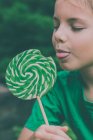 Adorable boy eating lollipop on nature — Stock Photo