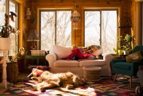 Ragazza che dorme su un divano con il suo cane sul pavimento accanto a lei — Foto stock
