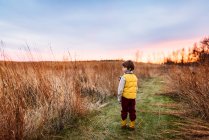 Niño parado en un campo al atardecer, Estados Unidos - foto de stock