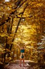 Chica de pie en una pequeña pasarela con los brazos en el aire, Estados Unidos - foto de stock