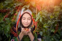 Портрет улыбающейся женщины, держащей сырые кофейные зерна, Таиланд — стоковое фото