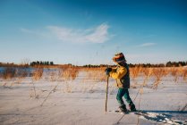 Мальчик, идущий по полю в снегу, США — стоковое фото