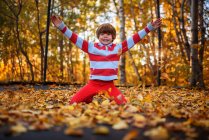 Niño feliz sentado en un trampolín cubierto de hojas de otoño, Estados Unidos - foto de stock