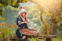 Frau in traditioneller Kleidung beim Ernten von Kaffeebeeren, Thailand — Stockfoto