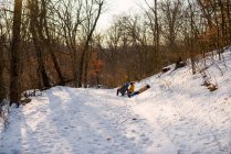 Трое детей играли в снежки, США — стоковое фото