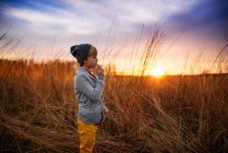 Boy standing in a field at sunset chewing a piece of long grass, United States — Stock Photo