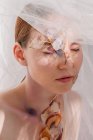 Conceptual beauty portrait of a woman wearing a veil with dried flowers on her face and neck — Stock Photo
