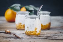 Drei natürliche Joghurt-, Orangen- und Chia-Desserts — Stockfoto