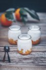 Trois yaourts naturels, orange et chia desserts — Photo de stock